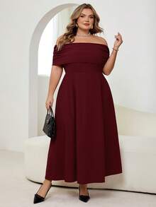 SHEIN CURVE+ 大码女士优雅简约时尚浪漫性感连衣裙，露肩高腰A字伞裙，适合度假、通勤、约会，灰色长款连衣裙 - 紅色 - 查看 5