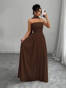 Elenzga 1件女士纯色吊带连衣裙，带褶皱细节，优雅无袖长款连衣裙，女士套装 - 咖啡棕 - 查看 4