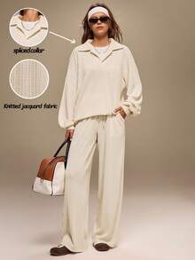 Hanevo 2pcs Women Casual Patchwork Long Sleeve Collar Commute Streetwear Sports T-Shirt Top And Pants Set, Autumn/Winter