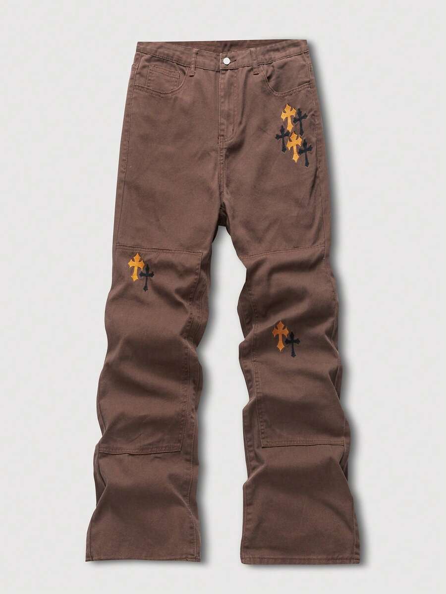 Manfinity Homme Quần Jeans Nam Ống Thẳng Thêu Chữ Thập Màu Cam Phong Cách Mỹ - Cà phê nâu - Xem 1