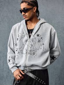 ROMWE MEN Anime Áo hoodie tai thỏ nam, họa tiết tối giản, áo nỉ dài tay - Xám - Xem 3