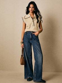 Poéselle 女士休闲花卉饰边 Polo 领针织背心，秋冬季 - 杏色 - 查看 2