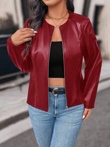 SHEIN PETITE Petite Women Casual Street Style Cropped PU Leather Jacket - Red - View 5