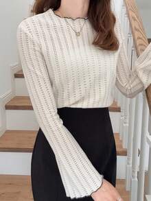 FRIFUL 女士镂空纹理喇叭袖撞色滚边长袖T恤 - 白色 - 查看 5