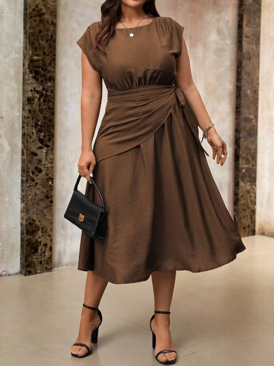 Roveilla 大码女装春夏单面竹纤维针织优雅亚麻度假沙滩连衣裙，欧美风休闲派对圆领露肩荷叶边腰部系带蝴蝶结后背弹力宽松落肩长款连衣裙，棕色婚礼宾客连衣裙，棕色优雅中长连衣裙，咖啡棕色连衣裙，优雅中长连衣裙，大地色系连衣裙 - 棕色 - 查看 1