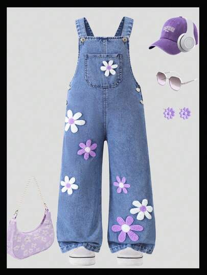 SHEIN 女童牛仔背带裤和连体裤 女童碎花装饰可爱背带裤 Y2K学院风休闲可爱复古2000千禧风波西米亚立体花朵紫色和白色花朵刺绣舒适棉质牛仔布柔软日常外出上学通勤聚会居家度假万圣节圣诞节中国新年女童新款时尚雪花水洗设计爆炸刺绣阔腿牛仔裤开学第一天秋冬季