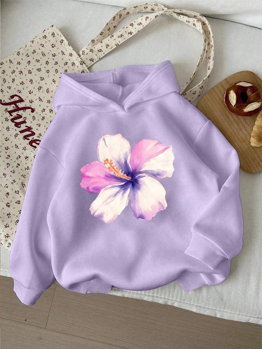 Girls' Purple Hooded Sweatshirt With Floral Print, Versatile For Everyday Casual, Cute And Lively, Suitable For Outings, Daily Wear, Comfortable Sports, Christmas Flower Hoodie Summer Hoodie Hoodies Y2k Lavender Sweatshirt Purple Hoodie