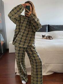 DAZY 女士格子宽松灯笼袖绉纱面料睡衣套装，秋冬款 - 軍綠色 - 查看 6