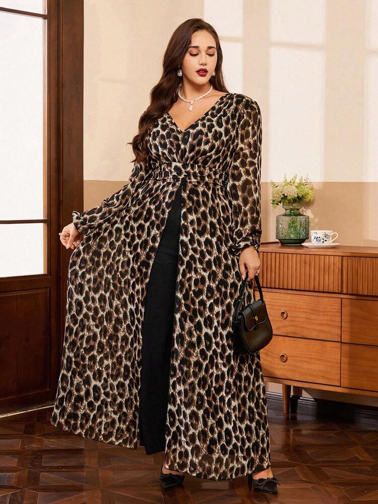 SHEIN Clasi Plus Size Elegant V-Neck Ruffle Pearl Chiffon Wide Leg