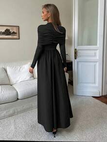 Elenzga Đầm suông trễ vai cổ cao tay dài dáng chữ A thanh lịch, lãng mạn, ôm sát eo dành cho nữ - màu đen - Xem 2