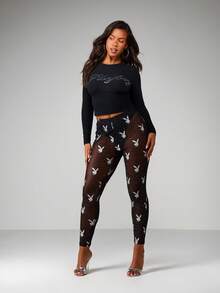 Missguided x Playboy 兔子图案印花紧身裤，全长弹力，适合节日派对和休闲穿着 - 黑色 - 查看 3