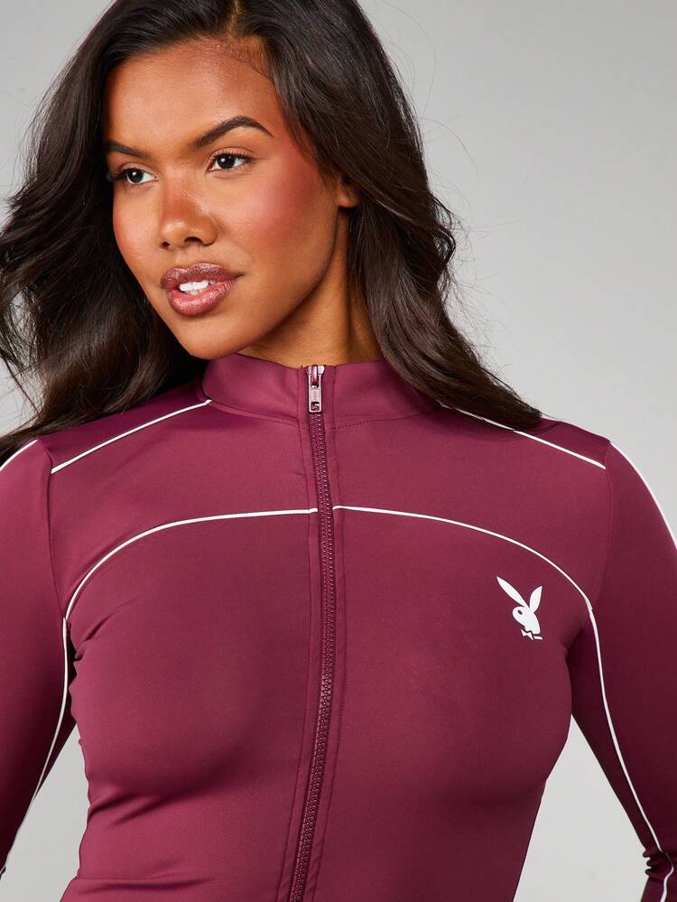 Missguided x Playboy Funnel Neck Zip Up Track Top And Cycling Shorts Coordinated Set With White Contrast Piping Detail