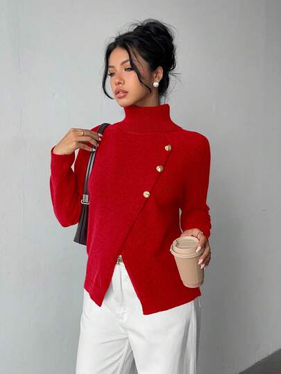 SHEIN Elenzya Women's Elegant High Neck Knit Pullover With Metal Button Decor, Solid Color Long Sleeve Christmas Red Sweater, Autumn/Winter
