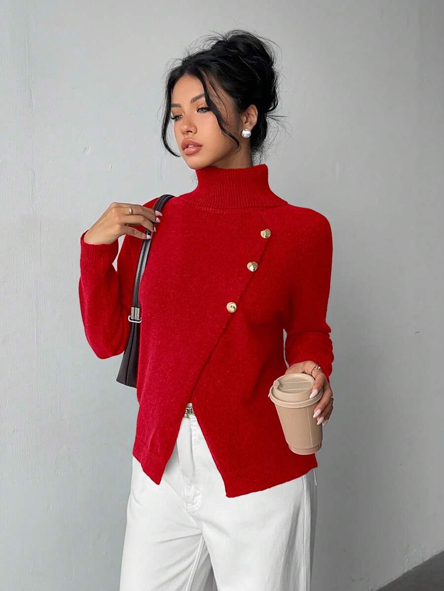 SHEIN Elenzya Elegancki sweter damski z wysokim kołnierzem i metalowymi guzikami, jednokolorowy, długi rękaw, czerwony sweter świąteczny, jesień/zima - Czerwony - Zobacz 1