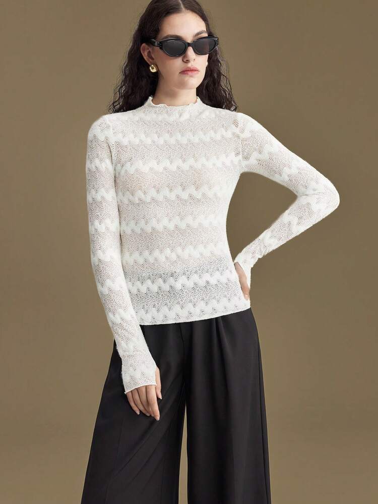 Women's White,Summer,Elegant,Tea Party Beige Lace Knit Fabric Fitted Silhouette Top,2025 Autumn/Winter Apparel,Versatile For Casual,Business & Daily