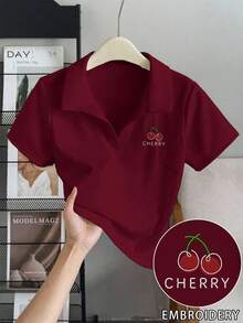 SHEIN Camiseta Plus Size com Bordado de Letras Cereja e Manga Curta, Casual Verão - Vermelho - Ver 1