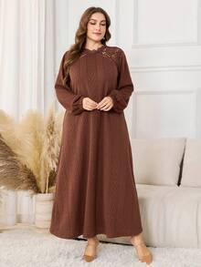Lacomfia Plus Size Elegant Long Knit Dress With Lace Hollow-Out Shoulder And Lantern Sleeves, Deep Brown - Coffee Brown - View 4