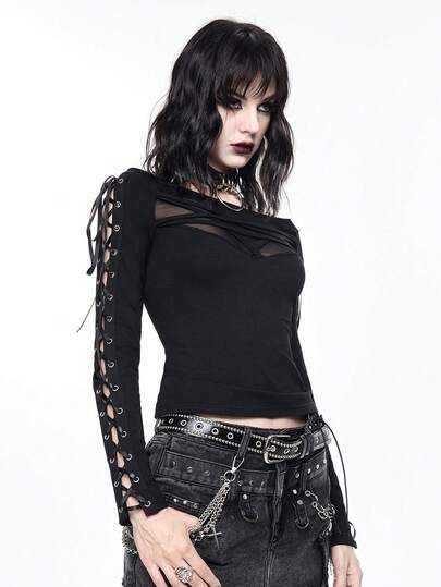 Goth T-shirt slim col roulé avec lacets et œillets métalliques gothiques, motif pentagramme inversé