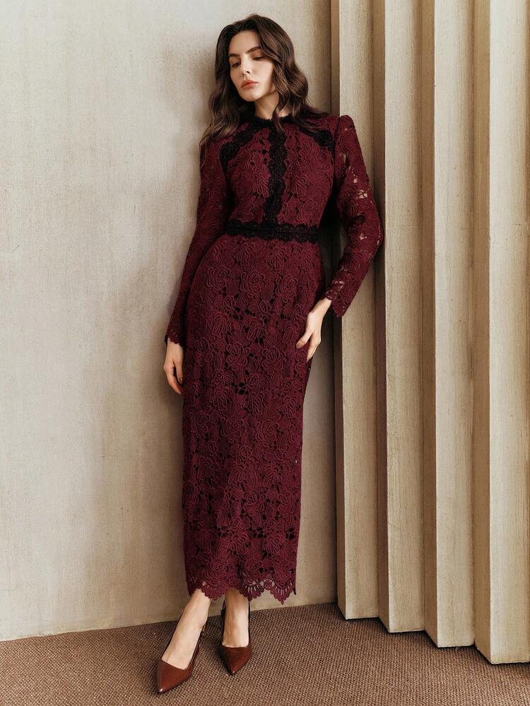 Elegant Women's Water-Soluble Lace Embroidered Floral Splice Elegant High-End Lady Long Sleeve Dress, Floral Pattern Is Not Fixed, The Floral Pattern Position May Not Be Consistent With The Product Image. Suitable For Fall, Winter, Spring, New Year, Party, Wedding, Elegant, Chic, Stylish, Business Casual, Cozy, Thanksgiving