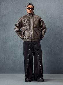 ROMWE MEN Street Life 纯色立领插肩袖休闲拉链立领仿皮夹克 - 棕色 - 查看 7