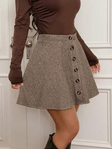 SHEIN PETITE A-Line Mini Skirt For Women, New Vintage Checkered Pattern, Classic Color Scheme,Autumn/Winter