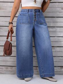 SHEIN CURVE+ Quần jeans ống rộng cạp cao giặt thường ngày cỡ lớn - Màu xanh lam - Xem 6