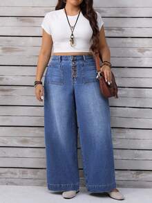 SHEIN CURVE+ Quần jeans ống rộng cạp cao giặt thường ngày cỡ lớn - Màu xanh lam - Xem 7