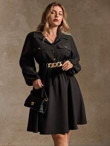 Elegantrix Plus Size Black Long Sleeve Short Dress With Metal Waist Chain, Waist Cinching Design, Suitable For Christmas, Halloween, Autumn/Winter Women Shirt Dress - Black - View 3