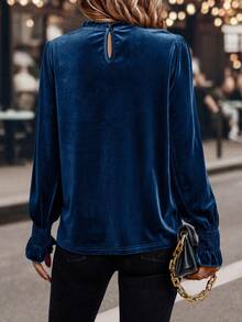 SHEIN Clasi 女士纯色荷叶边领长袖宽松优雅衬衫 - 藍色 - 查看 2