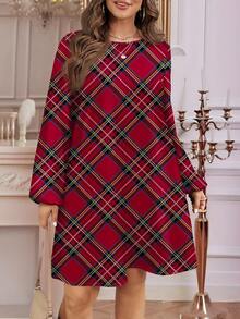 SHEIN LUNE Abito mini a maniche a lanterna con stampa a quadri natalizi, adatto per donne taglia comoda, per autunno/inverno. Abito a quadri da donna, abito a quadri rosso, abito con stampa a quadri, adatto per feste di Capodanno, abbigliamento invernale da donna, abito invernale da donna, abito di Capodanno, abiti di Capodanno da donna, Capodanno donna, abito da festa, abiti da festa per donna, abiti eleganti da donna, abito rosso da donna, quadri