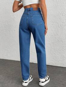 EURMUSE 100%Cotton Snow Washed Cropped Mom Fit Jeans - Medium Wash - View 2