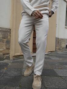 Artur Kramer Men's Solid Color Pocket Insert Toothpick Design Straight-Leg Casual Trousers, Business Formal Style, Fall - White - View 1