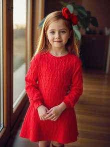 SHEIN 年轻女孩休闲纹理宽松圆领连衣裙，秋季 - 紅色 - 查看 3