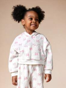 SUMWON Young Girls Fleece Hoodie And Sweatpant Co-Ord Set With Pink Bow Print For Cozy Winter Comfort - Pink - View 3