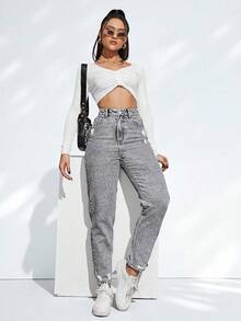 SHEIN ICON 大码女式休闲假日街头破洞宽松灰色牛仔裤 - 淺灰色 - 查看 4