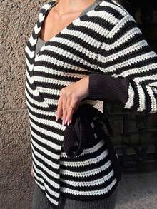 SHEIN PariChic Cardigan Rajut Lengan Panjang Leher V Motif Blok Warna untuk Wanita, Musim Gugur/Dingin - Hitam - View 5