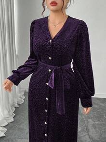 Modelyn Vestido de fiesta elegante de terciopelo con cuello en V y mangas farol para mujer de talla grande - Morado - Ver 7