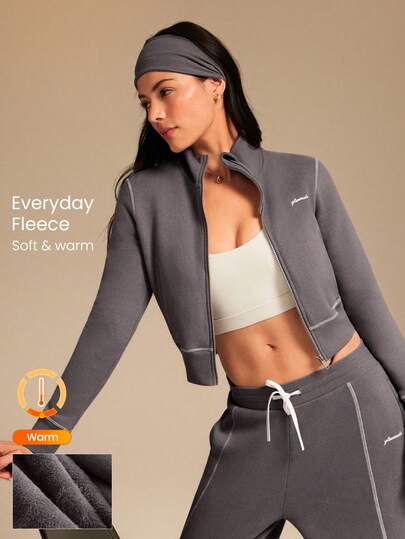 GLOWMODE Everyday Fleece Polar Core Soft Warm Contrast Stitching Thumbholes Waist Length Regular Fit High Neck Zip-Up Jacket Autumn Winter Outdoors Daily Casual Wear