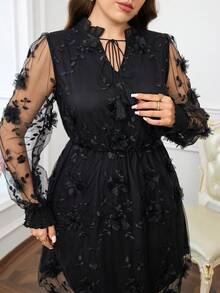 SHEIN Clasi 大码优雅派对3D立体花卉网纱连衣裙 - 黑色 - 查看 9