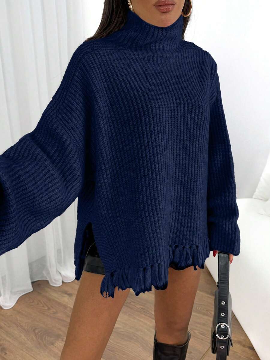 SHEIN Cottnline كنزة صوفية بلوفر طويلة الأكمام بياقة عالية ذات لون أحادي وشراريب، متعددة الاستخدامات وكاجوال - أزرق بحري - مشاهدة 1