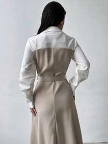 Firerie Women's Casual Elegant Metallic Embellished Tie-Waist Linen Dress / Business Women's Wear / Teacher's Attire / Office Commuting / Suitable For Women / Autumn/Winter Women's Wear / Back To School Season / Retro Women's Wear / Business Casual Women's Wear / Old Money Style Dress - Multicolor - View 3