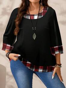 EMERY ROSE Plus Size Women Casual All-Over Print Round Neck Loose 3/4 Sleeve Shirt, Autumn/Winter Christmas Fall - Multicolor - View 3