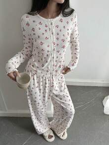 Livesso 女士休闲碎花圆领两件套家居服，秋冬款 - 白色 - 查看 6