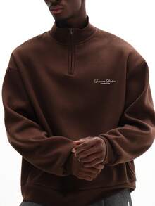 SUMWON 男士宽松版型四分之一拉链高领套头卫衣，带刺绣Logo细节，冬季休闲纯色款 - 咖啡棕 - 查看 2