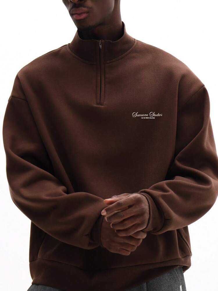 Quarter Zip Raised Neck Pullover Sweatshirt