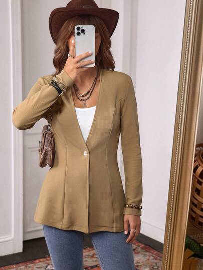 LanaWest Women's Casual Textured Unlined Collarless Lightweight Long Sleeve Blazer Suit Jacket For Women Brown Blazer Women Business Casual Tops Woman Women Tops Elegant Thin Cardigan