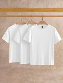 Manfinity NXTstreet 3 件装男士休闲纯色针织短袖 T 恤，适合日常穿着 - 白色 - 查看 8