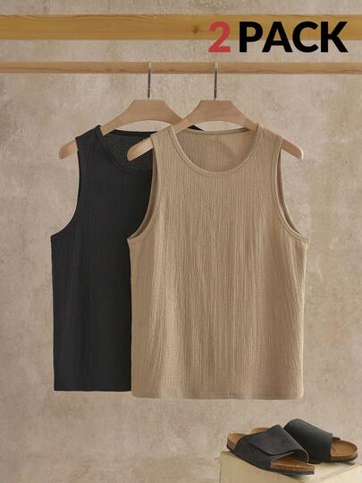 Manfinity VCAY Paquete de 2 camisetas sin mangas tipo tank top de punto waffle de ajuste ceñido para hombre