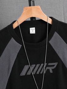 SHEIN 青少年男童/青少年男童休闲日常舒适拼接撞色刺绣圆领宽松套头抓绒卫衣 - 黑色 - 查看 4