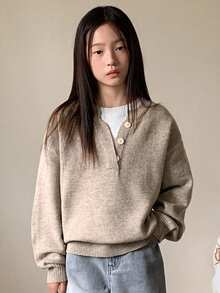 Dazy Kids Girls Slouchy Color Block Henley Neck Pullover Sweater, Soft & Cozy For Big Tween Girl, Fall - Apricot - View 4